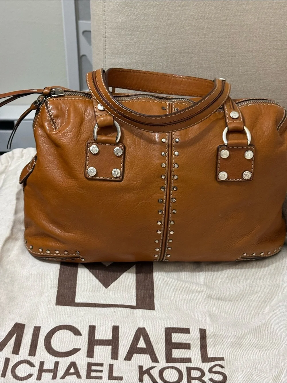 MICHAEL Michael Kors Tan Leather Studded Satchel